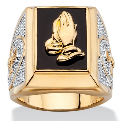 Seta Jewelry Men's Emerald-Cut Genuine Black Onyx Gold-Plated Praying Hands Two-Tone Ring, 13 in