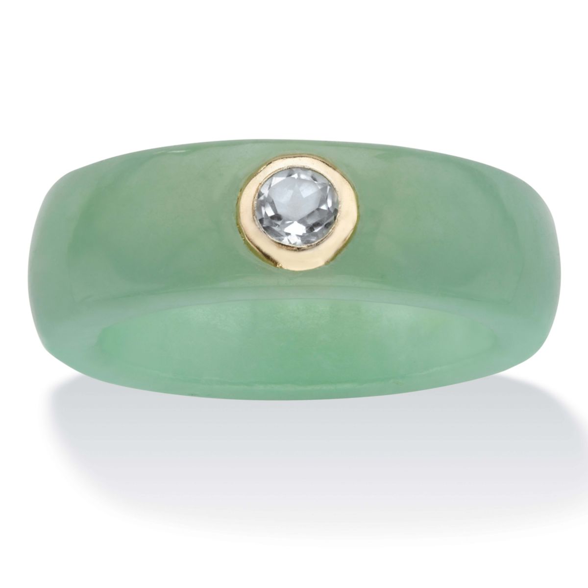 .30 TCW Genuine Green Jade and White Topaz Solid 10k Yellow Gold Ring