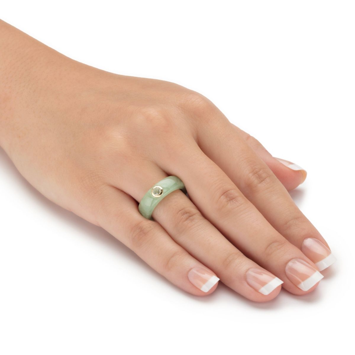 .30 TCW Genuine Green Jade and White Topaz Solid 10k Yellow Gold Ring