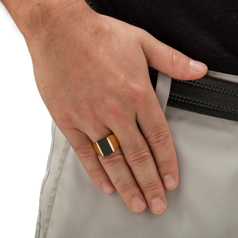 Mens Emerald-Cut Genuine Black Onyx Gold-Plated Classic Ring