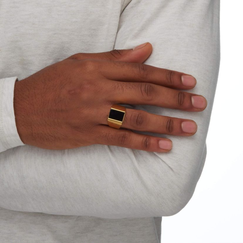 Mens Emerald-Cut Genuine Black Onyx Gold-Plated Classic Ring
