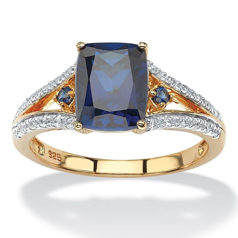 Lab Created 2.50 TCW Created Blue Sapphire and CZ Ring in 18k Gold-plated Sterling Silver