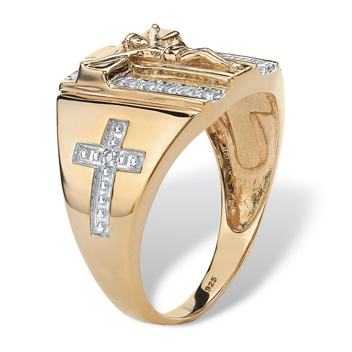 Mens 1/10 TCW Gold-Plated Sterling Silver Diamond Crucifix Cross Ring