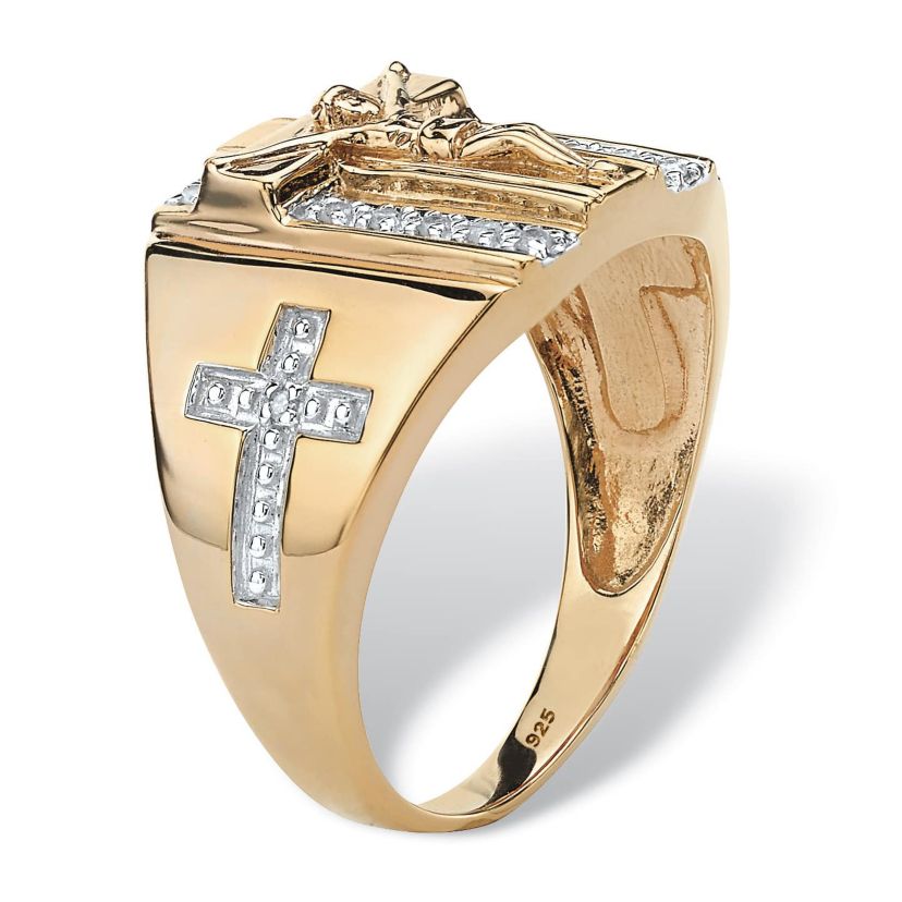 Mens 1/10 TCW Gold-Plated Sterling Silver Diamond Crucifix Cross Ring