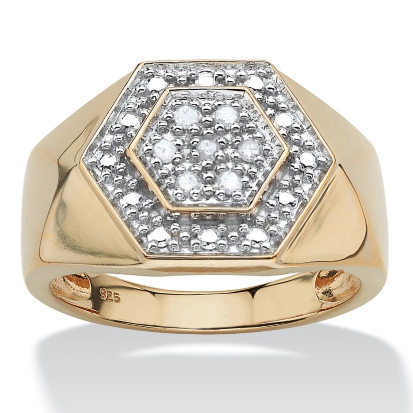 Mens 1/10 TCW Round Diamond 18k Gold-plated Sterling Silver Hexagon-Shape Ring