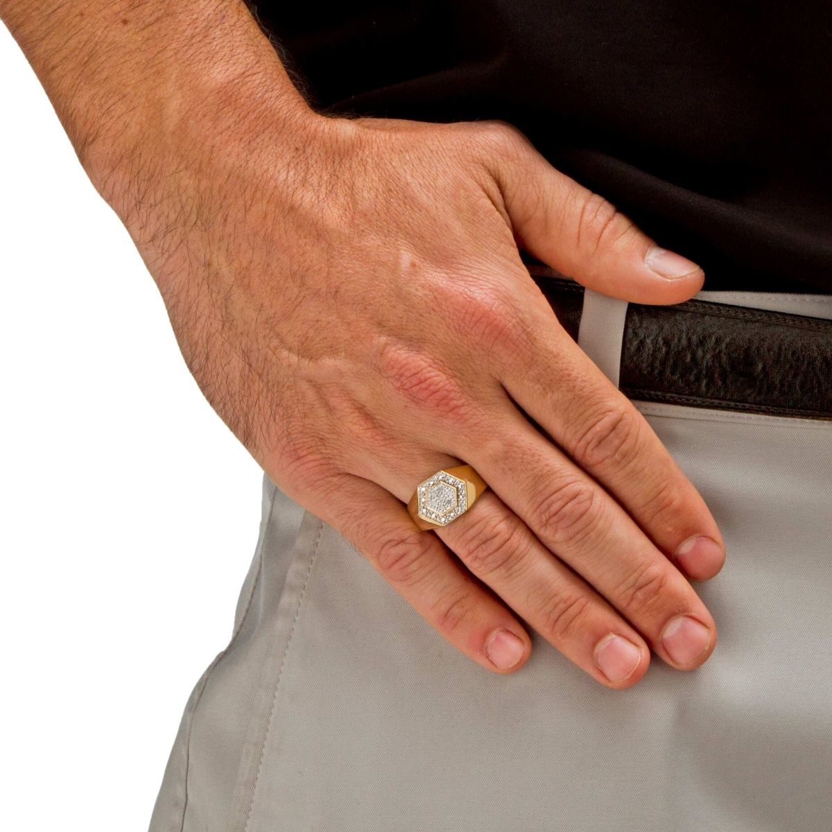 Mens 1/10 TCW Round Diamond 18k Gold-plated Sterling Silver Hexagon-Shape Ring
