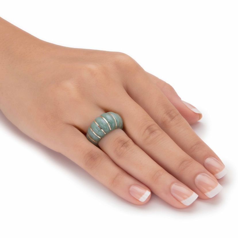 Genuine Green Jade Solid 10k Yellow Gold Shrimp-Style Dome Ring