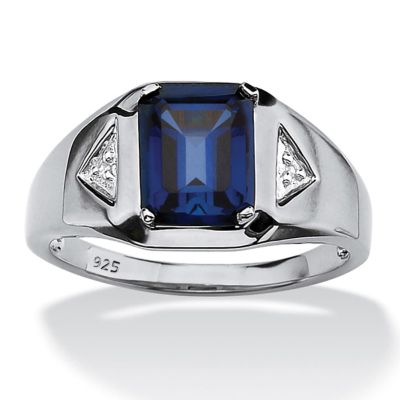 Seta Jewelry Lab Created Men's 2.76 TCW Emerald-Cut Sapphire and Diamond Accented Ring in Platinum-plated Sterling Silver, Blue