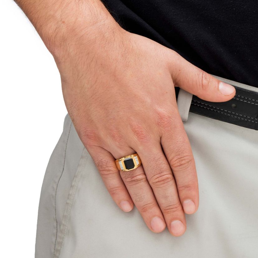 Mens 1/5 TCW Genuine Black Onyx and Diamond 18k Gold-Plated Ring