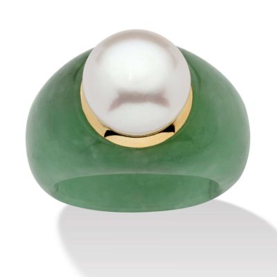 Seta Jewelry Round Cultured Freshwater Pearl Green Jade 10k Yellow Gold Ring (11mm), White, 6