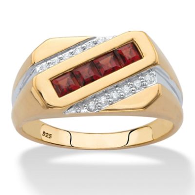 Seta Jewelry Square-Cut Genuine Red Garnet and Diamond Diagonal Men's Ring .96 TCW in 18k Yellow Gold-plated Sterling Silver