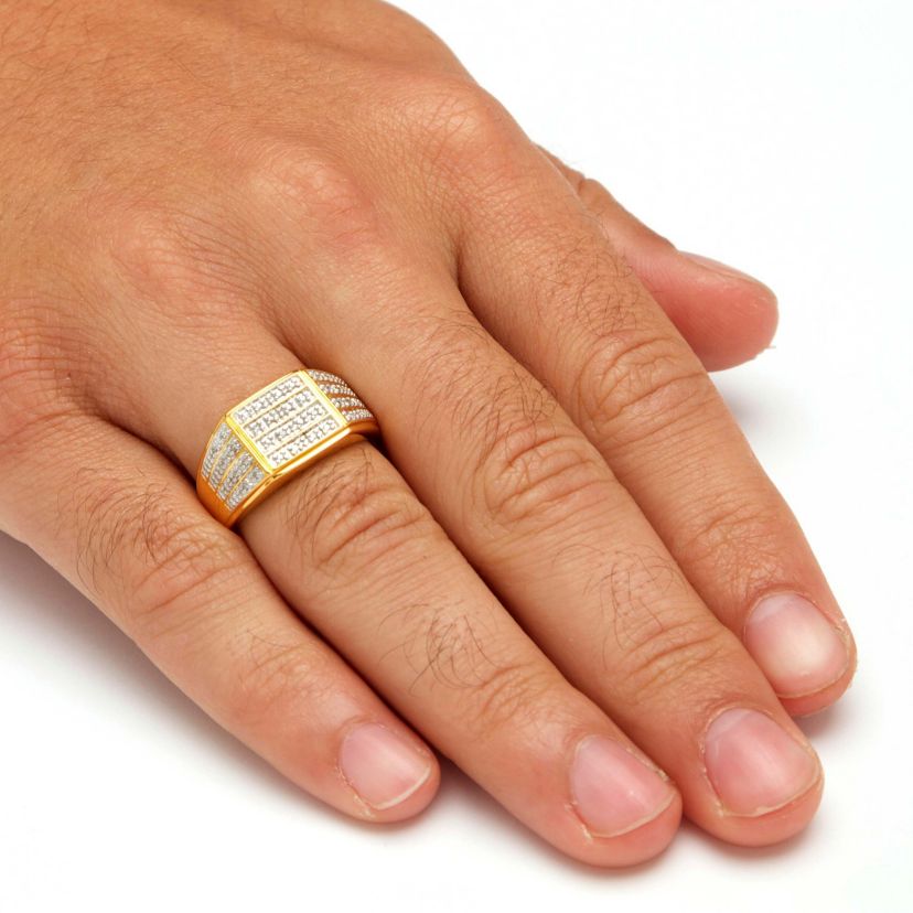 Mens 1/6 TCW Pave Diamond Grid Ring in Gold-Plated Sterling Silver