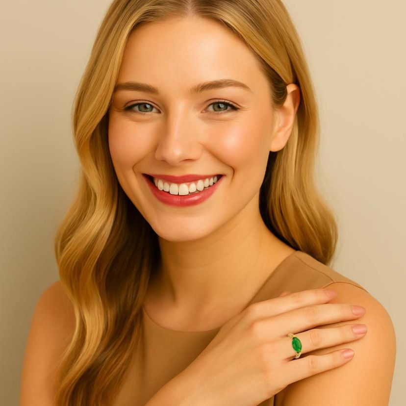 .12 Cttw. Oval Shaped Genuine Green Jade Ring 14k Gold-Plated Sterling Silver