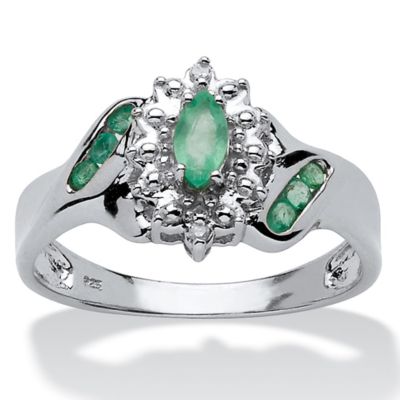 Seta Jewelry .38 TCW Marquise-Cut and Round Genuine Emerald & Diamond Accent Platinum-plated Sterling Silver Ring, Green