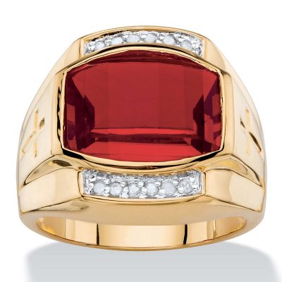 Seta Jewelry Lab Created Men's 7.61 TCW Cushion-Cut Created Red Ruby and Diamond Ring Yellow Gold-Plated