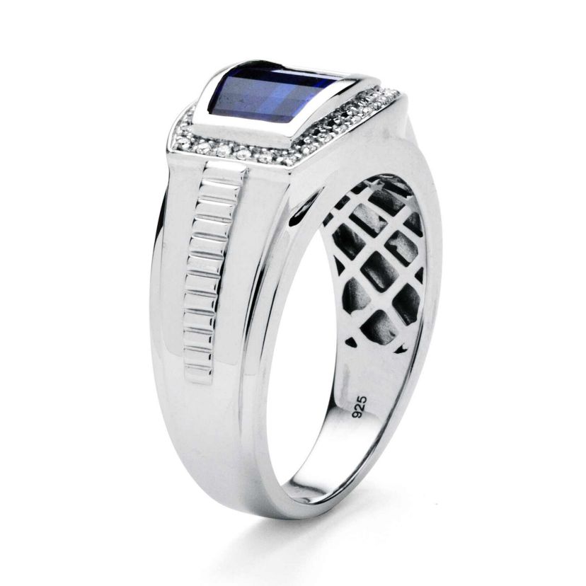 Lab Created 3.31 Cttw Mens Created Blue & White Sapphire Ring Platinum Plated Silver