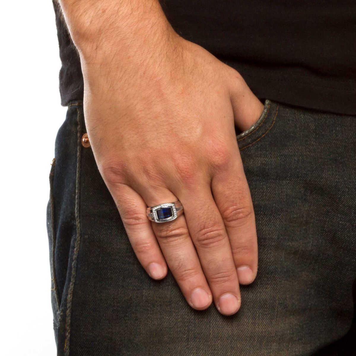 Lab Created 3.31 Cttw Mens Created Blue & White Sapphire Ring Platinum Plated Silver