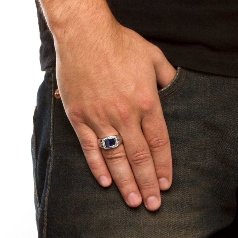 Lab Created 3.31 Cttw Mens Created Blue & White Sapphire Ring Platinum Plated Silver