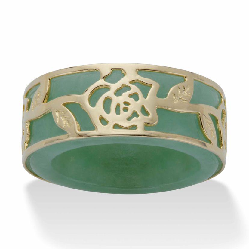 Genuine Green Jade Gold-plated Sterling Silver Floral Overlay Ring Band