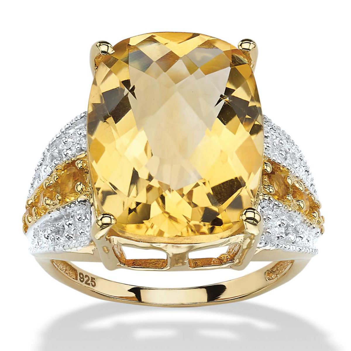 9.28 TCW Checkerboard-Cut Citrine and Topaz 14k Gold-plated Sterling Silver Ring