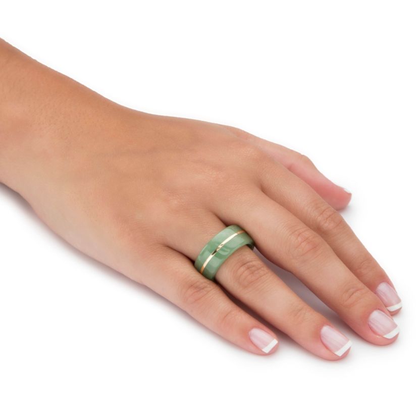 Genuine Green Jade and 10k Yellow Gold Striped Ring