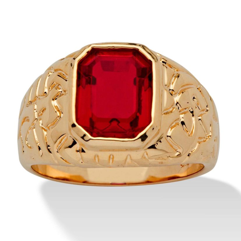 Mens 2.75 TCW Emerald-Cut Simulated Ruby Gold-Plated Nugget Style Ring