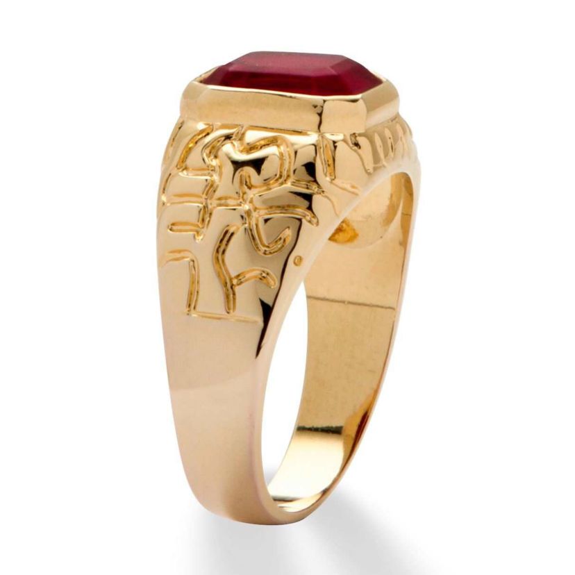 Mens 2.75 TCW Emerald-Cut Simulated Ruby Gold-Plated Nugget Style Ring