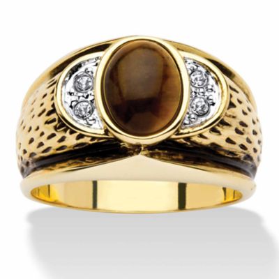 Seta Jewelry Men's Oval-Shaped Genuine Tiger's Eye Crystal Accent Yellow Gold-Plated Antique-Finish Ring