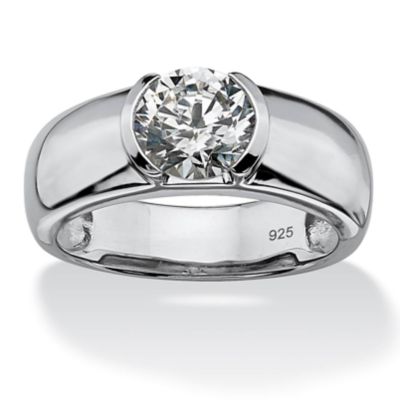 Seta Jewelry Men's 2 TCW Round Semi-Bezel-Set Cubic Zirconia Ring in Platinum-plated Sterling Silver, White, 9