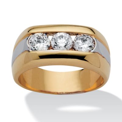 Seta Jewelry Men's 1.50 TCW Round Channel-Set Cubic Zirconia Triple-Stone Two-Tone Ring Yellow Gold-Plated, White, 15