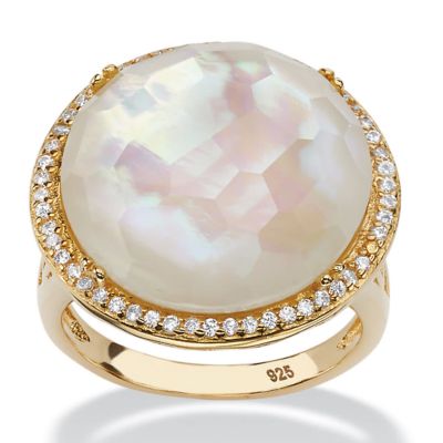 Seta Jewelry .27 TCW Genuine Mother-Of-Pearl and Pave CZ Accent 14k Gold-plated Sterling Silver Halo Cocktail Ring