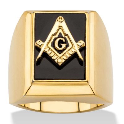 Seta Jewelry Men's Emerald-Cut Genuine Black Onyx Masonic Square and Compasses Cabochon Ring Gold-Plated