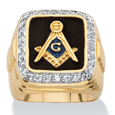 Seta Jewelry Men's .59 TCW Square Enamel and Cubic Zirconia Yellow Gold-Plated Masonic Ring, White