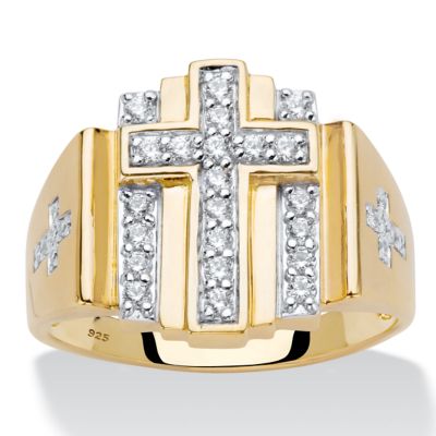 Seta Jewelry Men's .50 TCW Round Cubic Zirconia 18k Gold-plated Sterling Silver Layered Cross Ring, White, 11