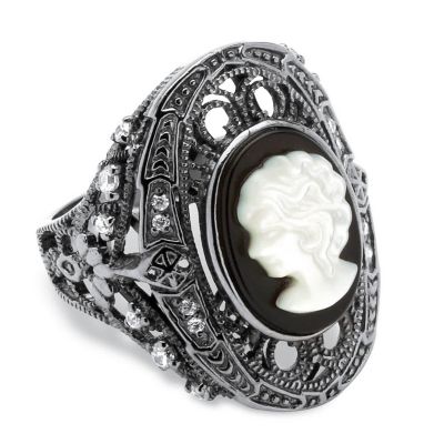 Seta Jewelry Onyx and Mother-of-Pearl Cameo and Cubic Zirconia Cocktail Ring in Black Rhodium-Plated, White, 10