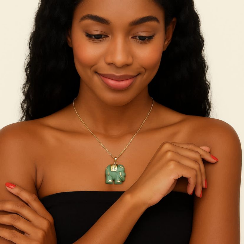 Genuine Jade 14k Gold Good Fortune Elephant Pendant