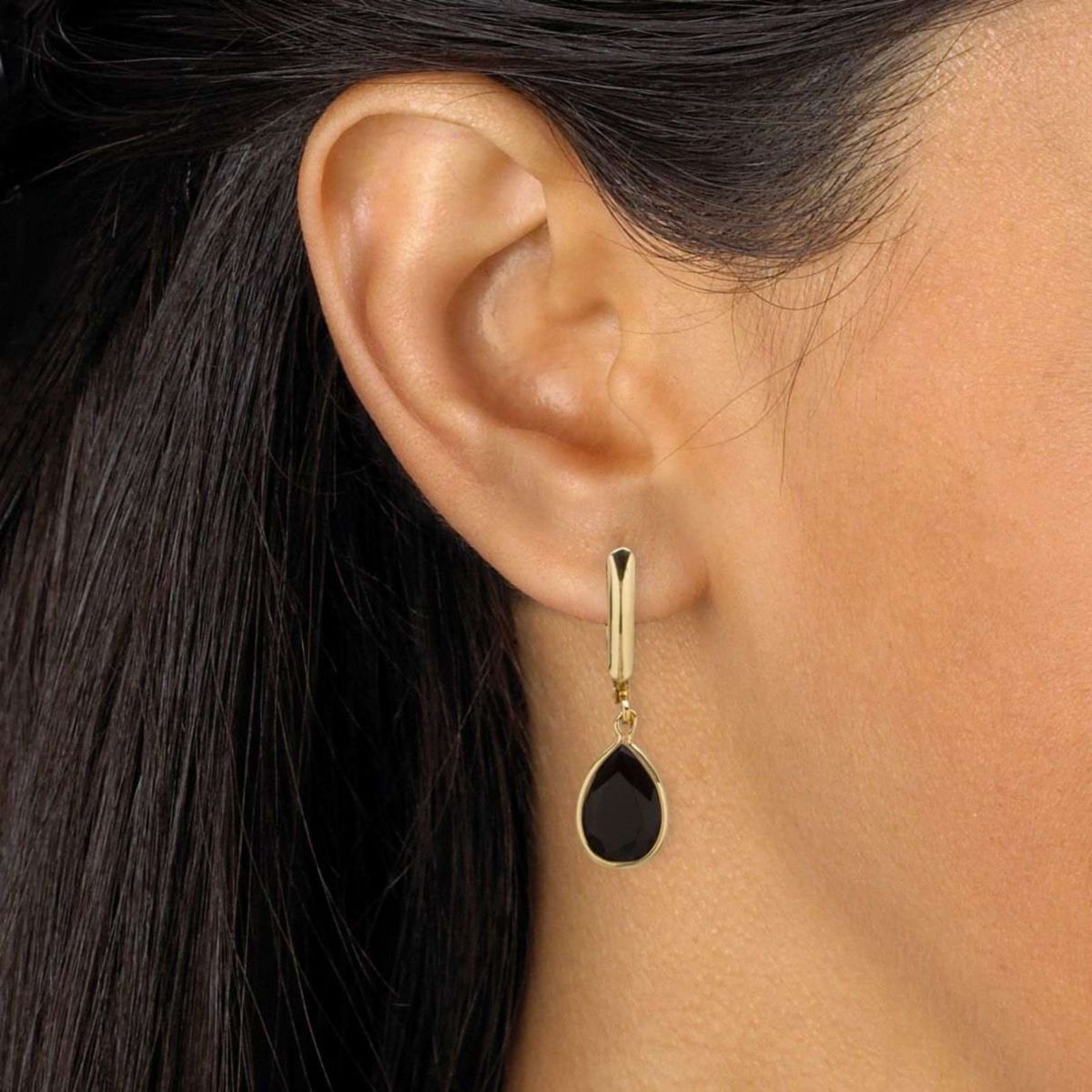 Pear-Shaped Genuine Onyx Yellow Gold-Plated Drop Earrings
