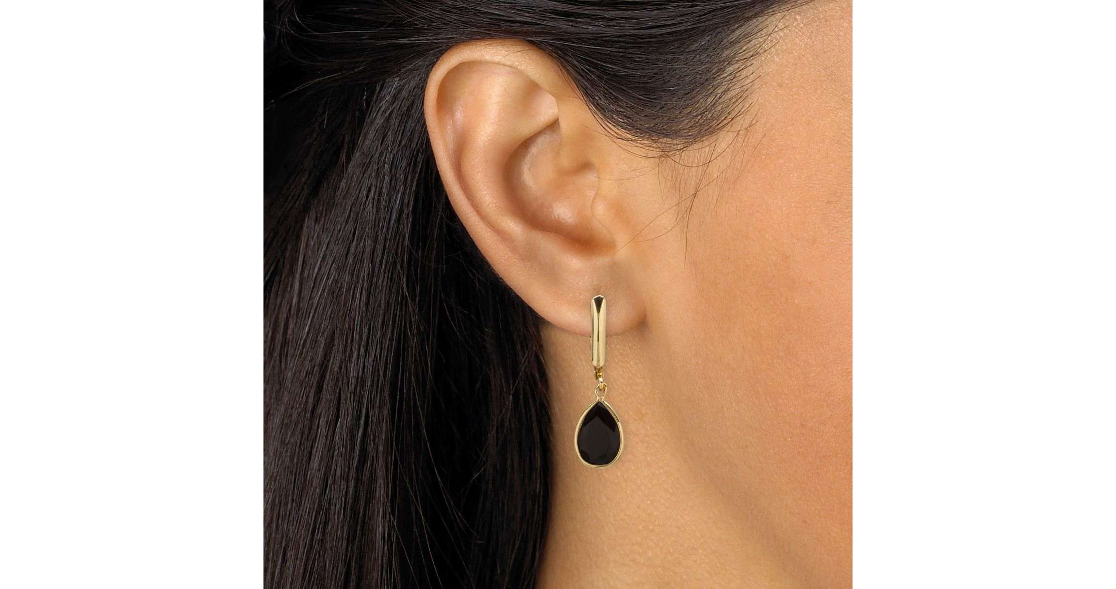 Pear-Shaped Genuine Onyx Yellow Gold-Plated Drop Earrings