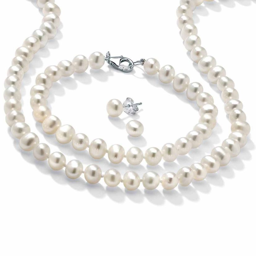 3 Piece Cultured Freshwater Pearl Necklace Bracelet and Earrings Set .925 Silver