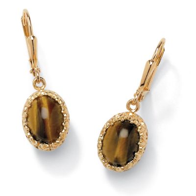 Seta Jewelry Genuine Oval Tiger's Eye Cabochon Yellow Gold-Plated Drop Earrings