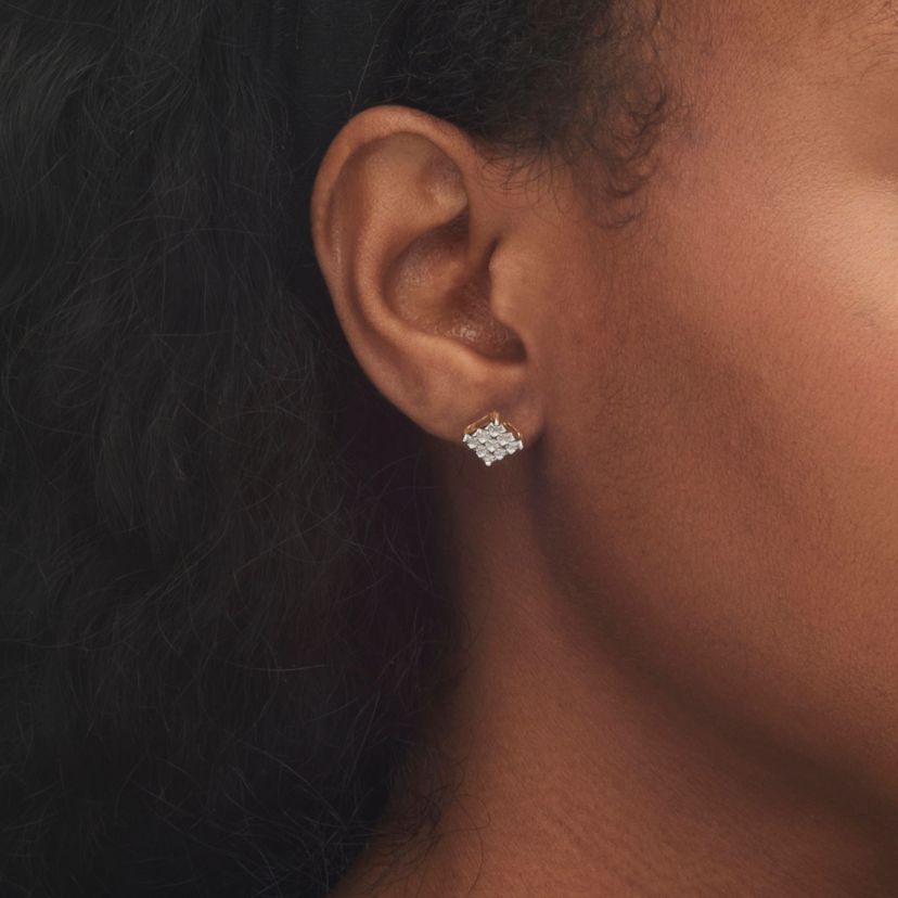 1/7 TCW Round Diamond 10k Yellow Gold Square-Shaped Stud Earrings