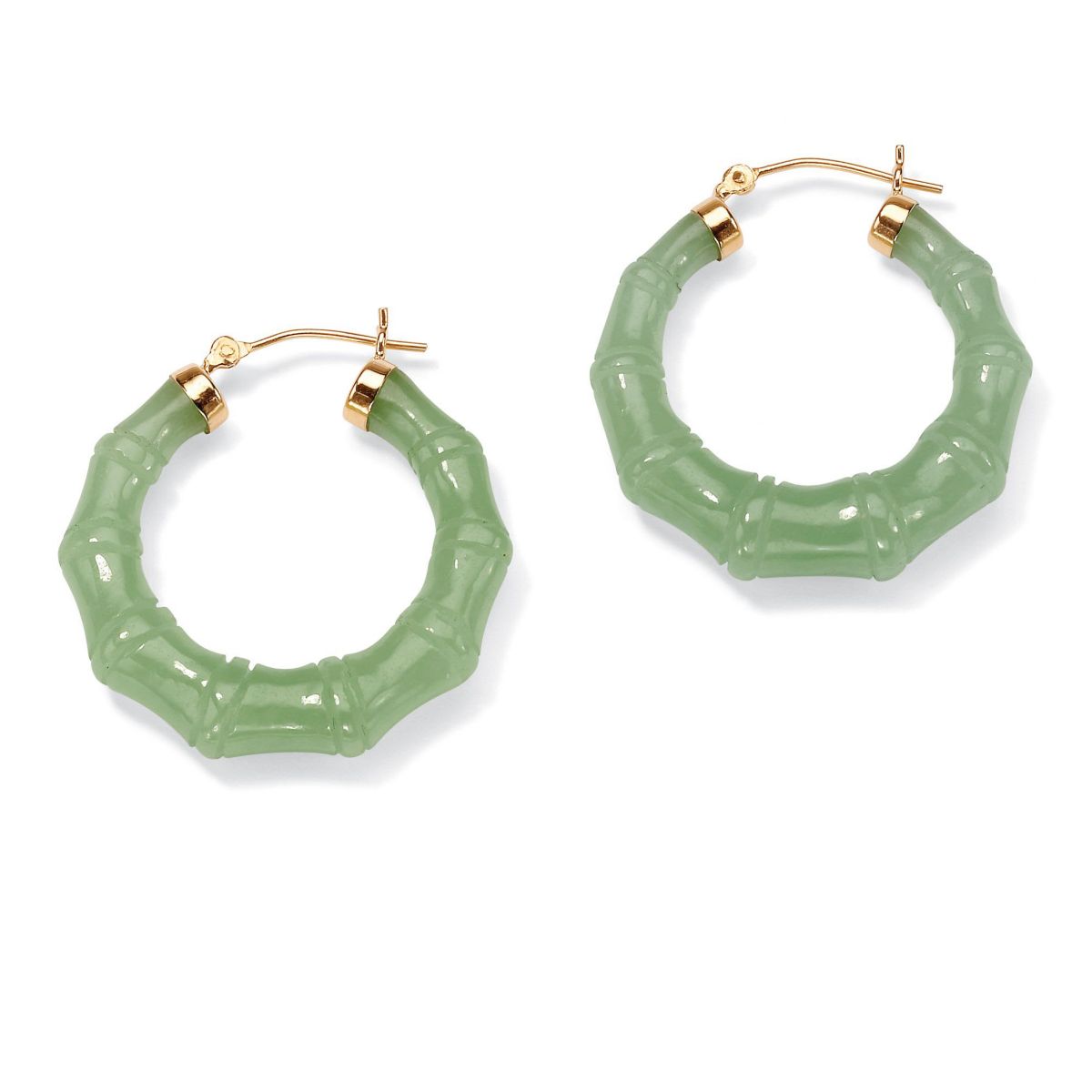 Genuine Green Jade 14k Yellow Gold Bamboo-Style Hoop Earrings
