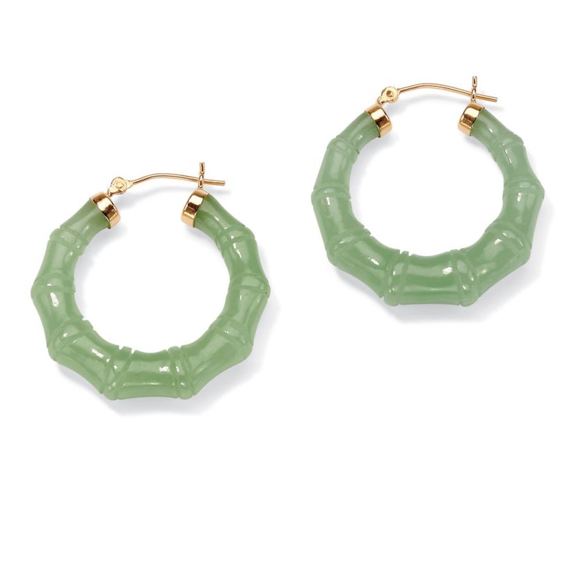 Genuine Green Jade 14k Yellow Gold Bamboo-Style Hoop Earrings