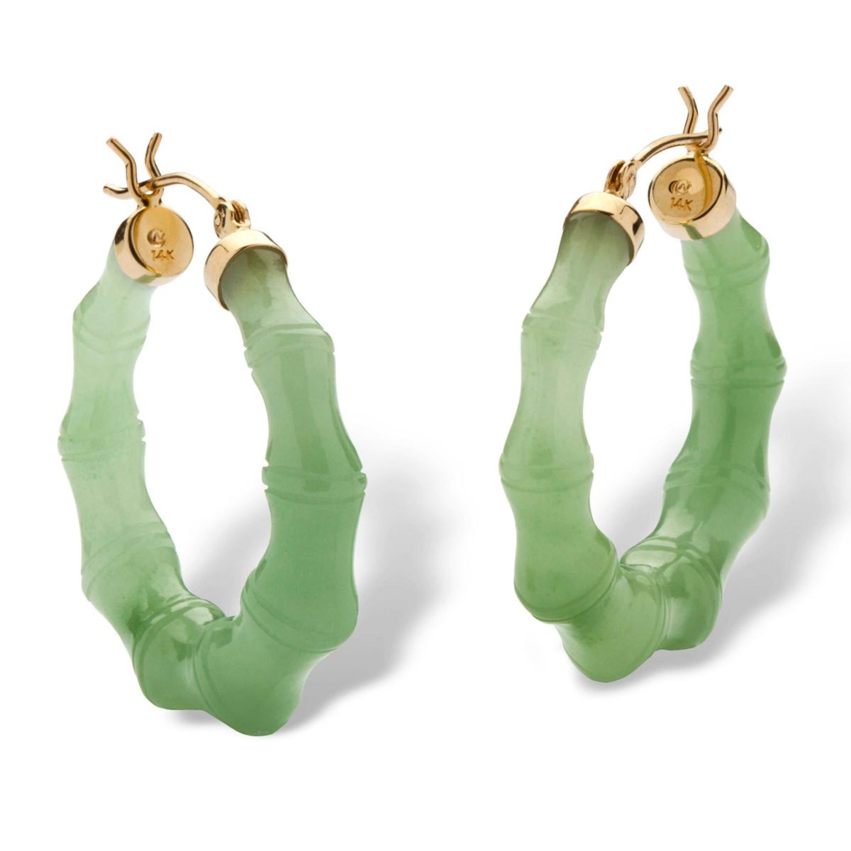 Genuine Green Jade 14k Yellow Gold Bamboo-Style Hoop Earrings