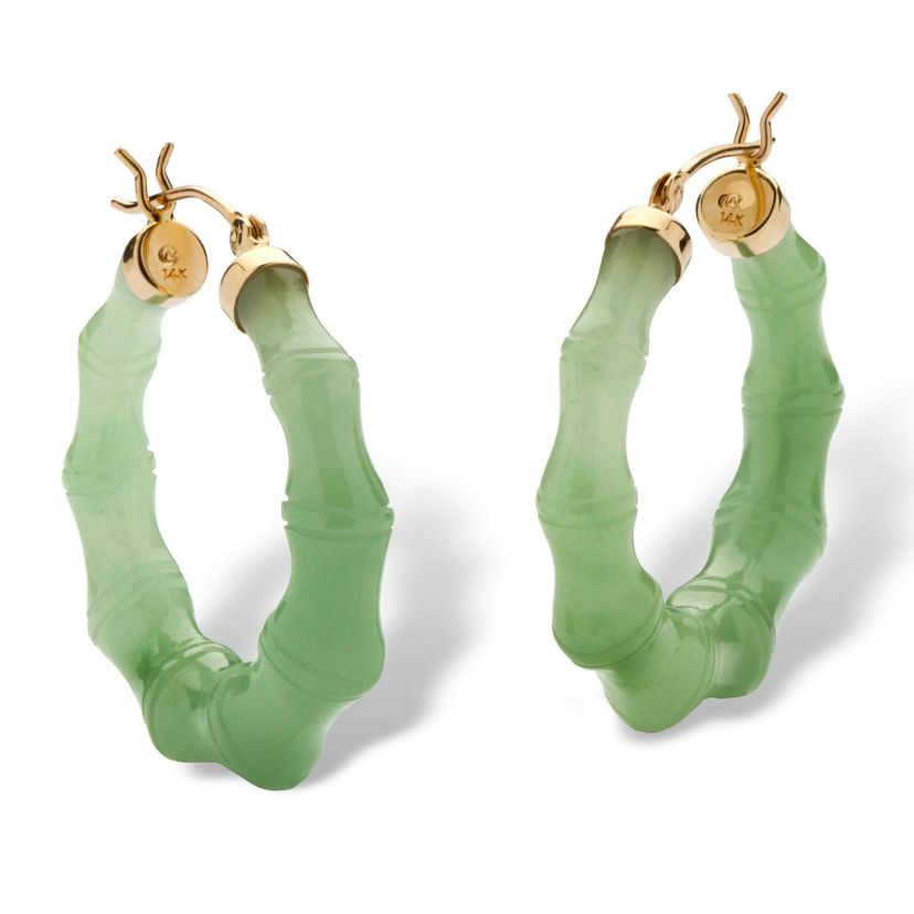 Genuine Green Jade 14k Yellow Gold Bamboo-Style Hoop Earrings