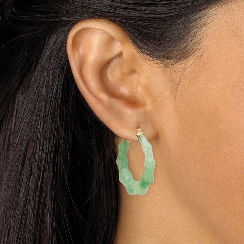 Genuine Green Jade 14k Yellow Gold Bamboo-Style Hoop Earrings