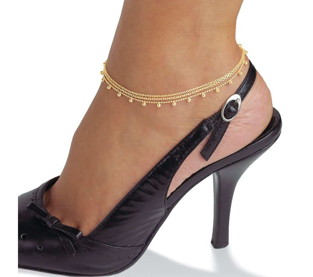 Triple-Strand Beaded Ankle Bracelet in Gold-Plated Sterling Silver