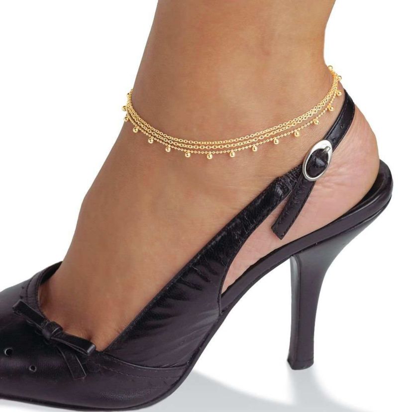Triple-Strand Beaded Ankle Bracelet in Gold-Plated Sterling Silver