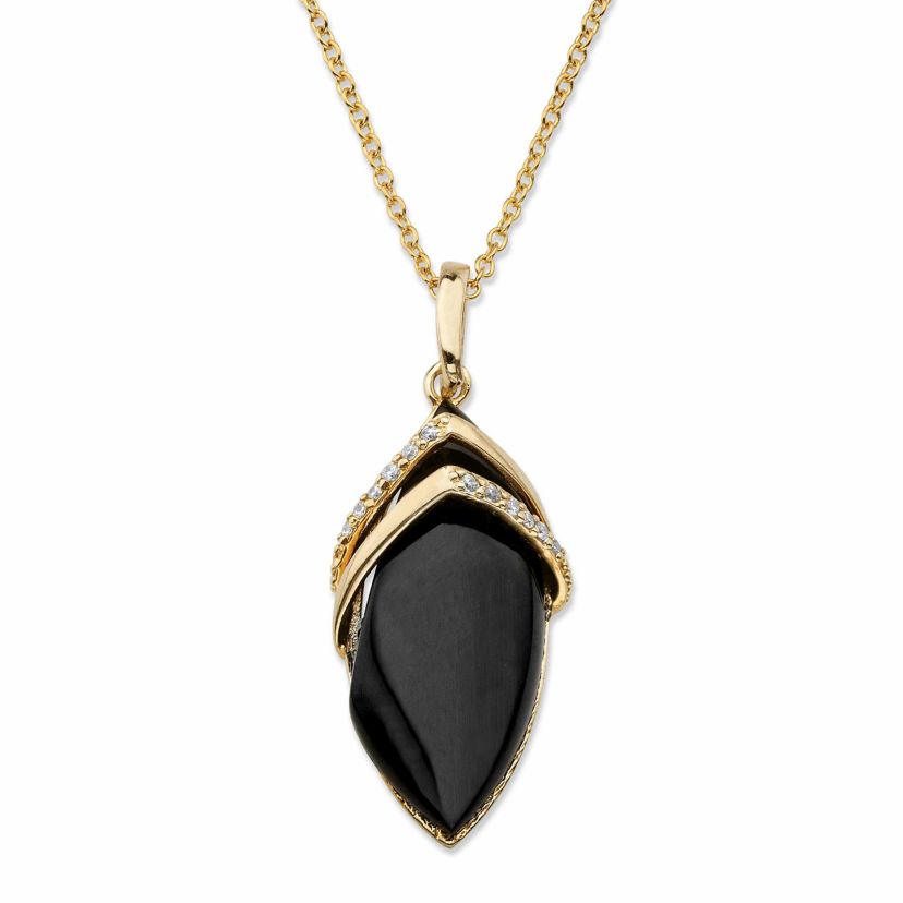 .15 TCW Marquise-Shaped Genuine Onyx and CZ Pendant Necklace 18k Gold-Plated 18"