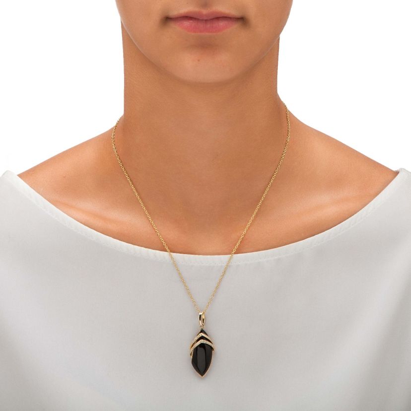 .15 TCW Marquise-Shaped Genuine Onyx and CZ Pendant Necklace 18k Gold-Plated 18"